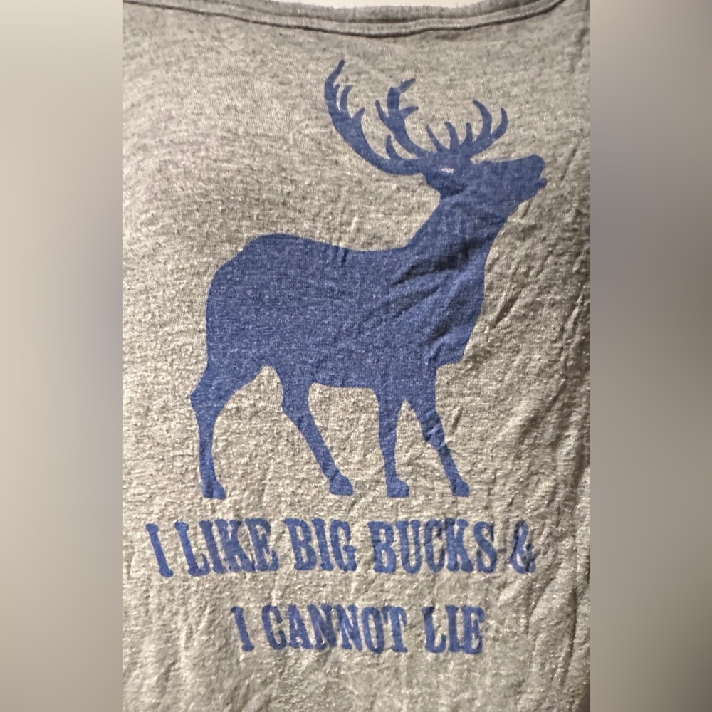 Gray Tank Top with Blue Deer Graphic “I LIKE BIG BUCKS & I CANNOT LIE” 3X